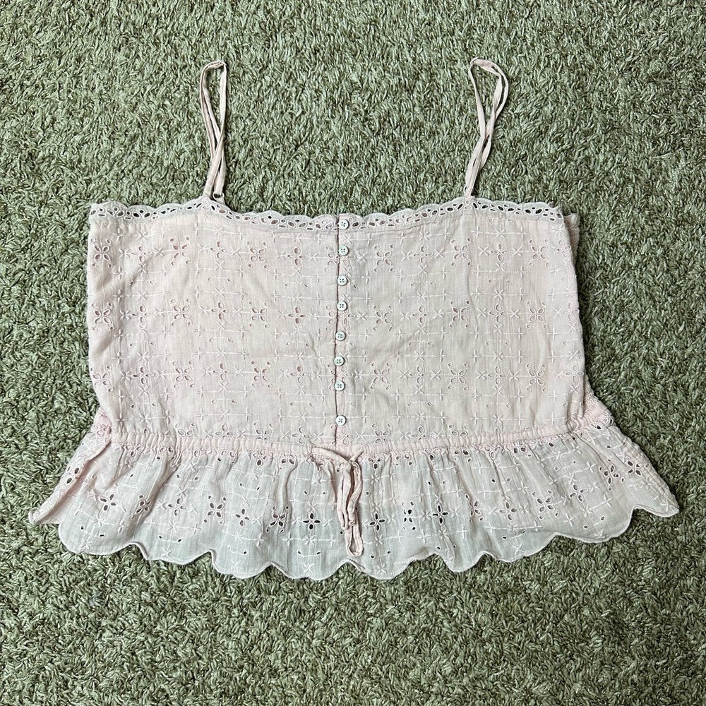 Aerie pink baby doll top cinched tie and buttons embroidered Eyelet Cropped XL